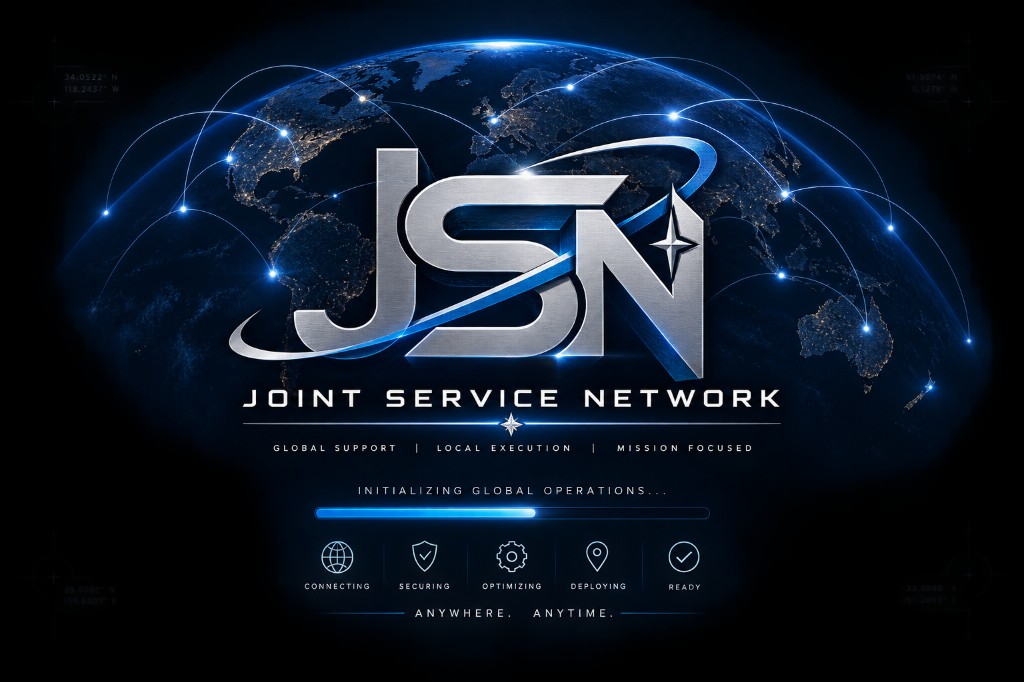 Joint Service Network brand artwork showing global connectivity and mission-focused operations